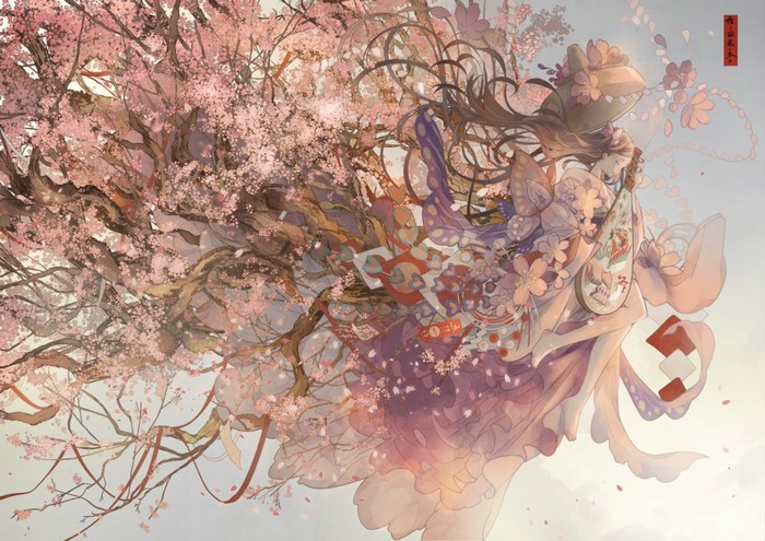 Girl with Biwa and Cherry Blossoms