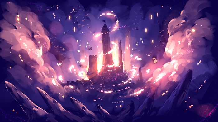 Fantasy castle on a hill with glowing lights and smoke