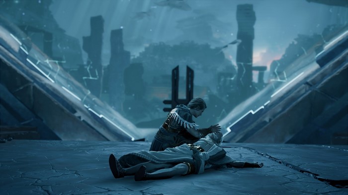 Kassandra from Assassin's Creed: Odyssey tending to a fallen figure