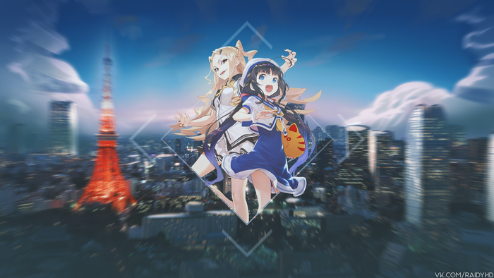 Anime Girls in Tokyo Cityscape with Tokyo Tower