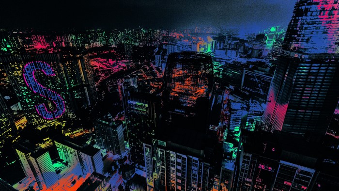 Digital art cityscape with neon S