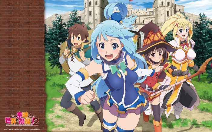 Aqua, Megumin, Darkness, and Kazuma from KonoSuba