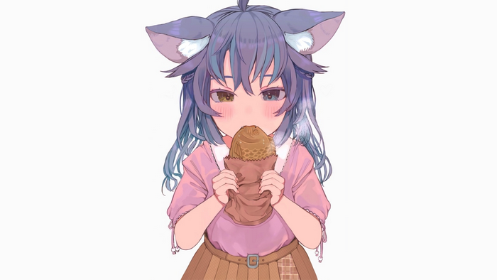 Anime girl with cat ears eating taiyaki