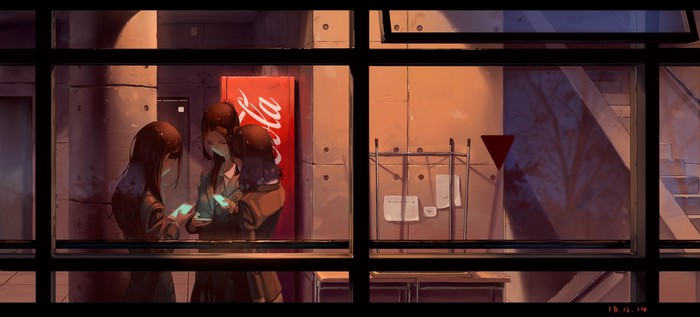 Anime girls looking at phones near Coca-Cola sign