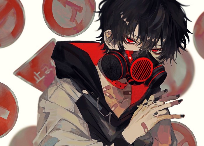 Anime boy with black hair, red eyes, and gas mask