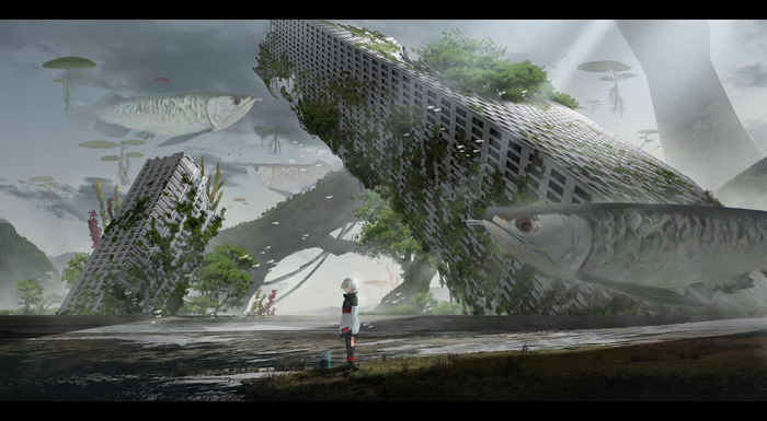 Fantasy art of ruins with fish and anime girl
