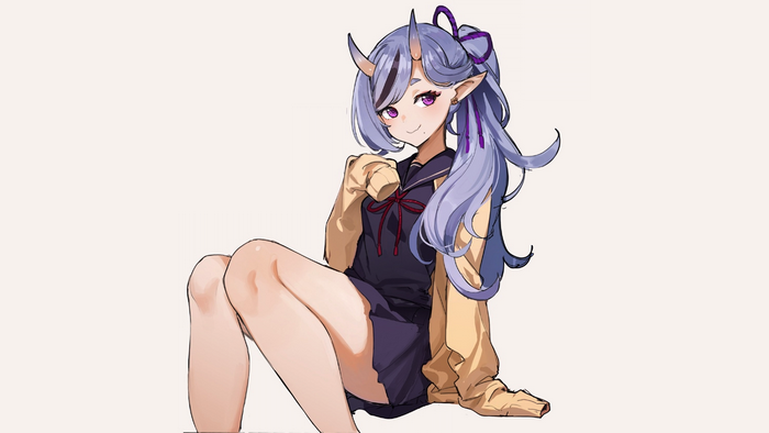 Oni girl with purple hair and horns sitting