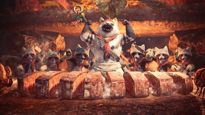 Felyne chefs cooking meat in Monster Hunter: World