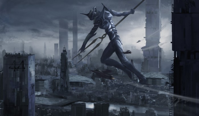 EVA Unit 01 with Spear of Longinus over city