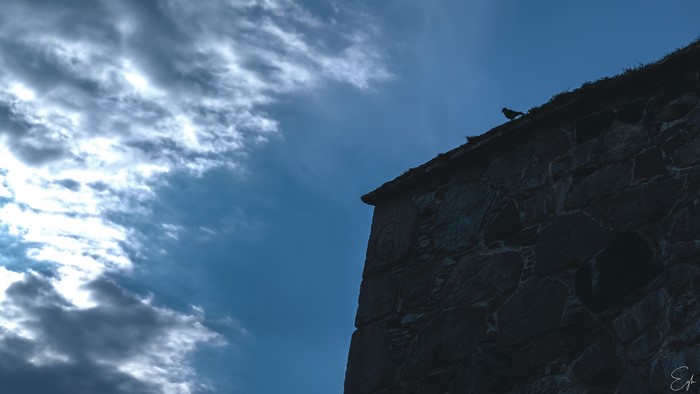 Bird on old stone building roof against blue sky
