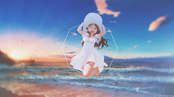 Anime girl in white dress jumping on beach at sunset