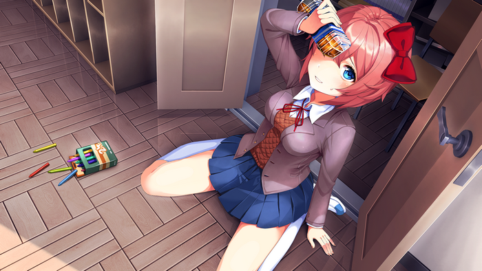Sayori from Doki Doki Literature Club holding a drink