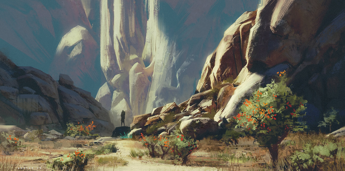 A lone figure stands before a massive rock formation in a desert landscape