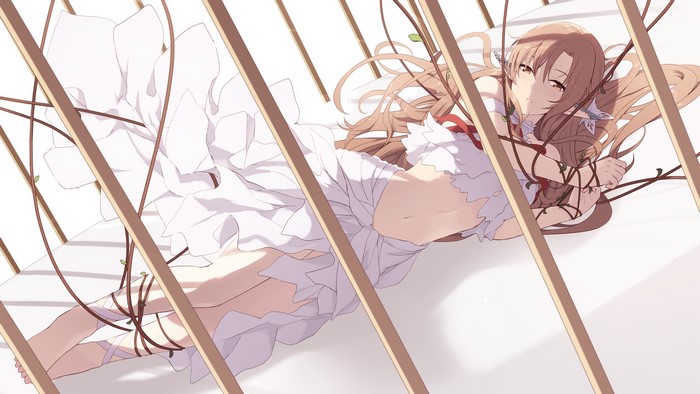 Asuna Yuuki from Sword Art Online trapped in a cage