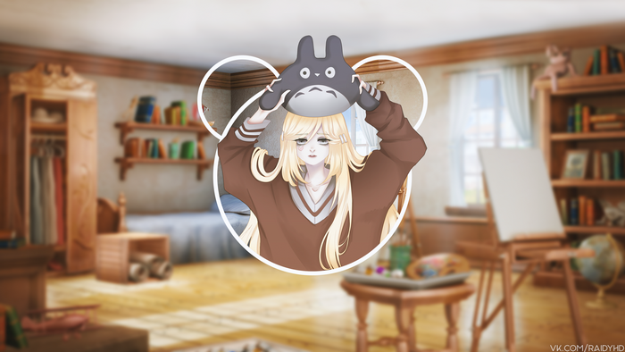 Anime girl with Totoro mask in a room