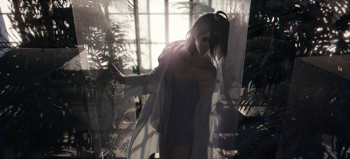 Anime girl in a white coat and mask in a greenhouse