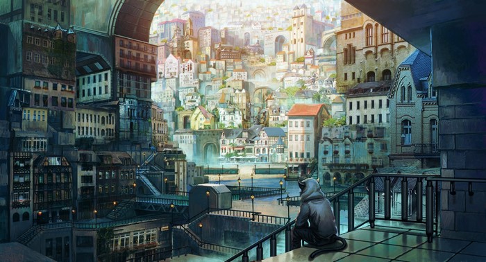 Fantasy anime city with a cat-like person sitting