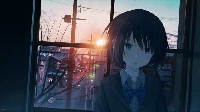 Anime girl crying by the window at sunset