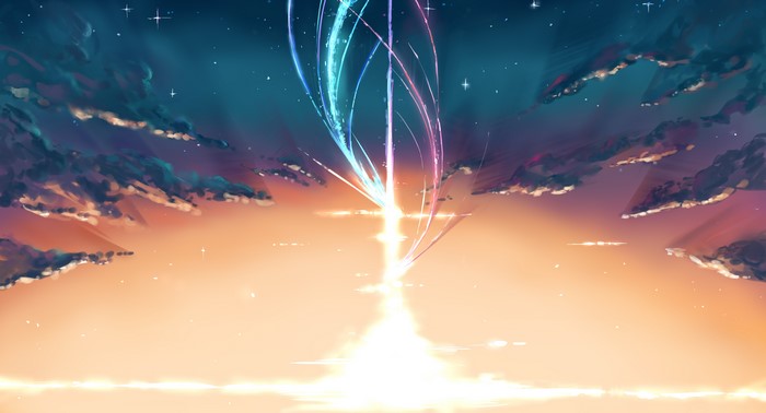 Anime artwork of shooting stars and clouds