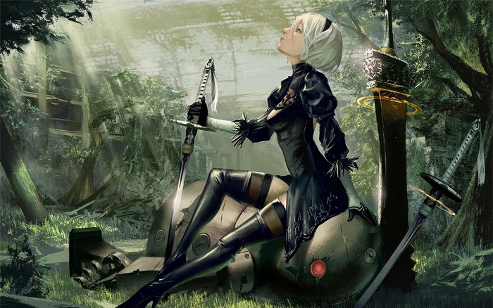 2B from Nier: Automata with swords in forest