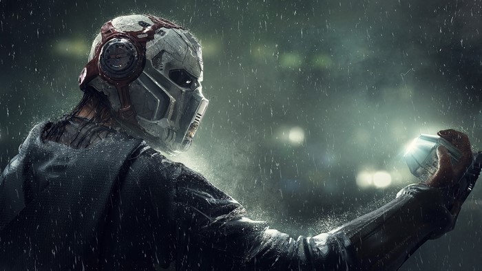 Cyborg in the rain holding a device