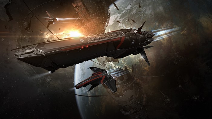 EVE Online spaceships near a damaged space station