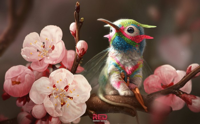 Fantasy hummingbird with doll on cherry blossoms