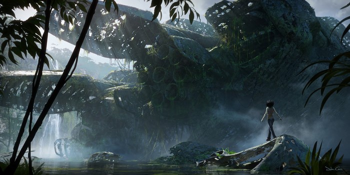 Alita from Alita: Battle Angel in a jungle wreck