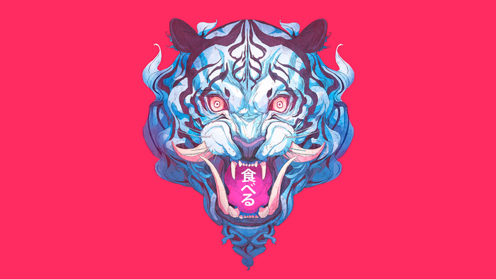 Illustration of a blue tiger with Japanese text