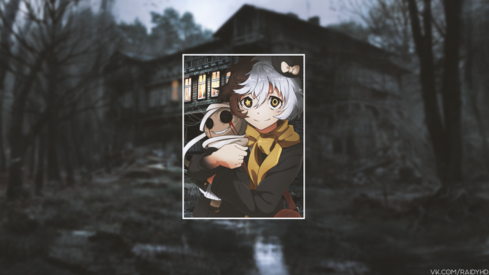 Anime girl holding a doll in front of a haunted house