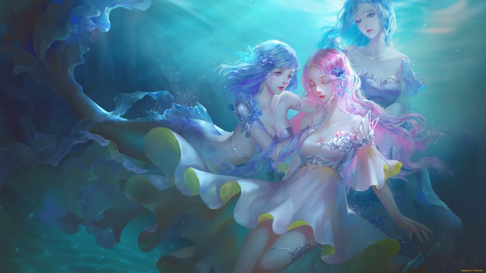 Three mermaids with colorful hair underwater