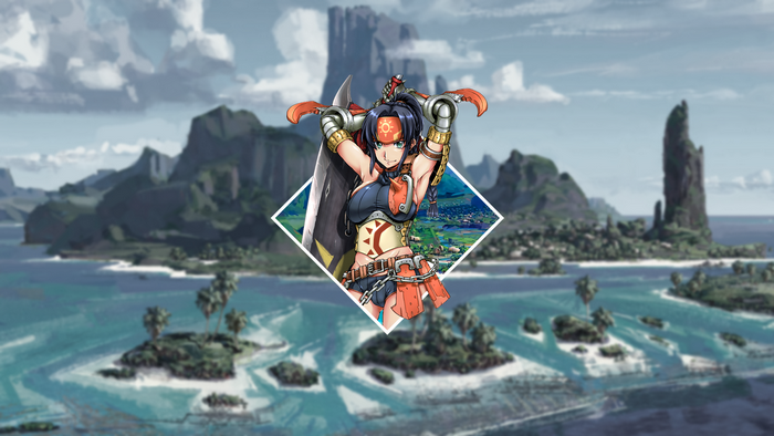 Anime girl with sword in front of island landscape
