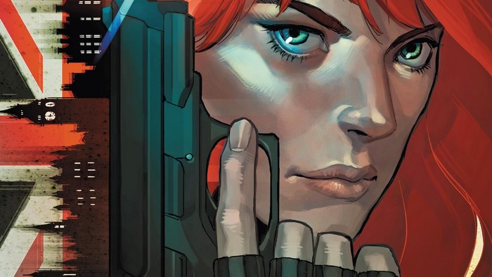 Black Widow from Marvel Comics holding a gun
