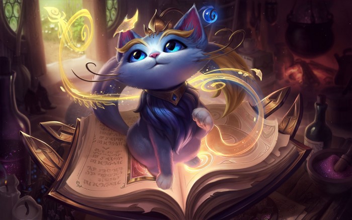 Yuumi from League of Legends on a spellbook