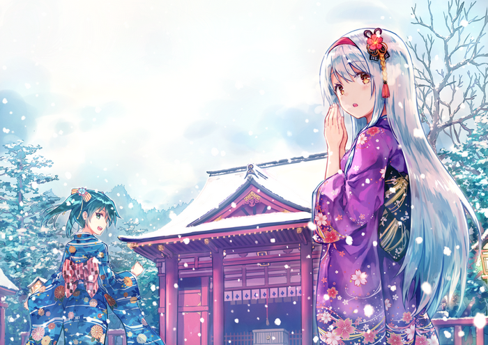 Anime girls in kimonos at a snowy shrine