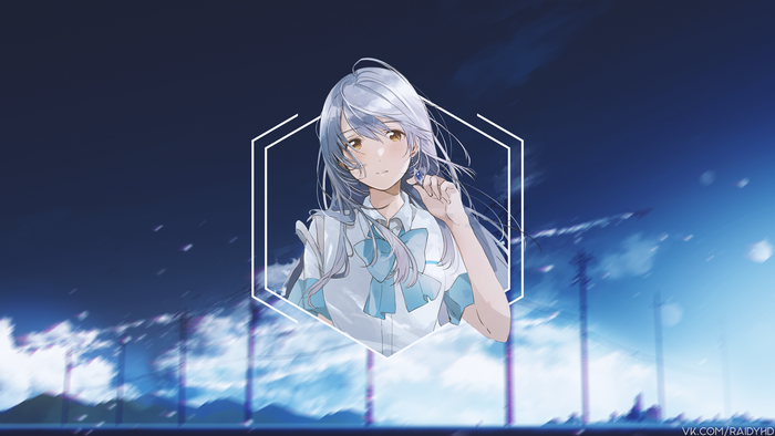 Anime girl with white hair in a hexagon frame