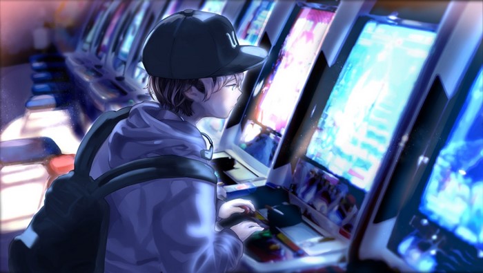 Anime Male Playing Arcade Games with Backpack