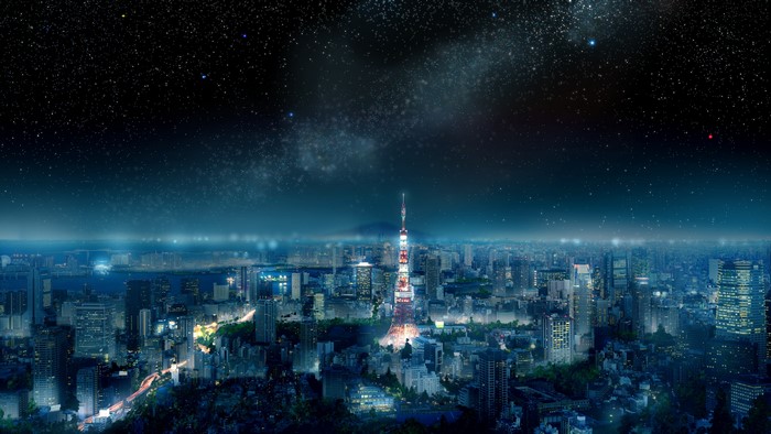 4K Tokyo cityscape at night with starry sky