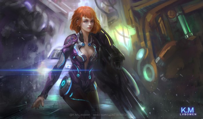 Sci-fi woman with a large weapon in a futuristic city