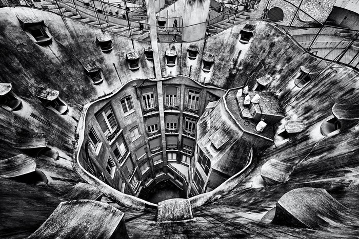 Monochrome view of Casa Milà's rooftop in Barcelona