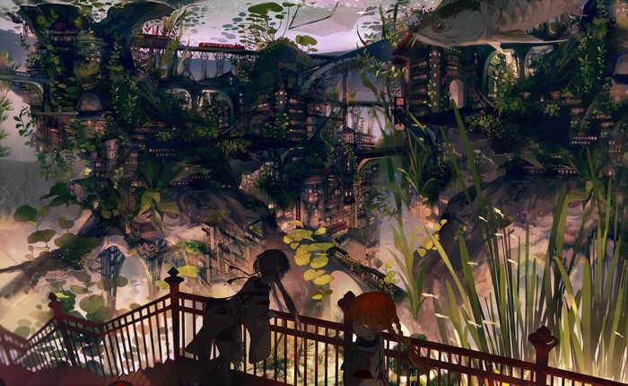 Fantasy city with anime girls on a bridge