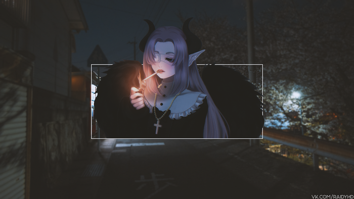 Anime girl with horns lighting a cigarette