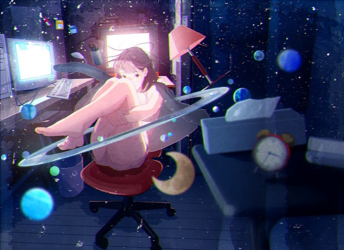 Anime girl in space-themed room with planets and computer