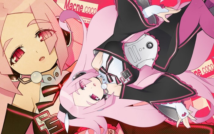 Macloid with pink hair and red eyes