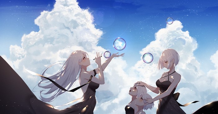 Anime girls blowing bubbles under clouds