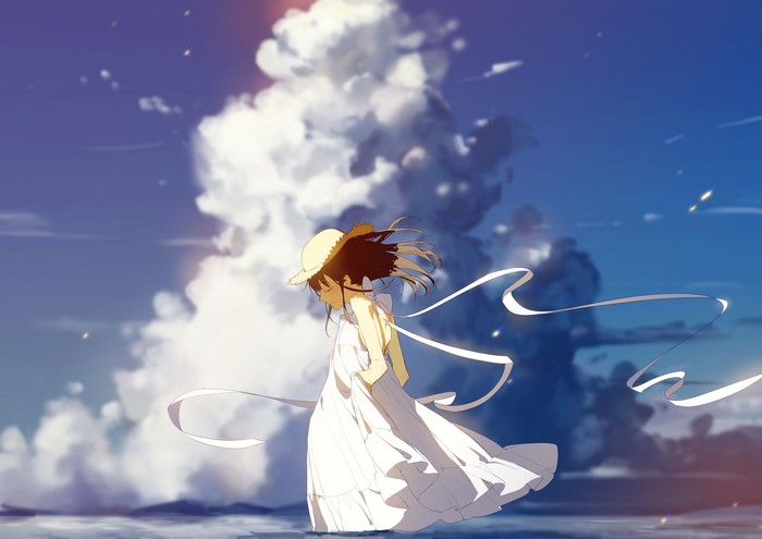 Anime girl in white dress and sun hat with ribbons in the wind