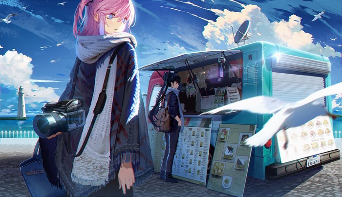Anime girls at a seaside shop with seagulls and lighthouse