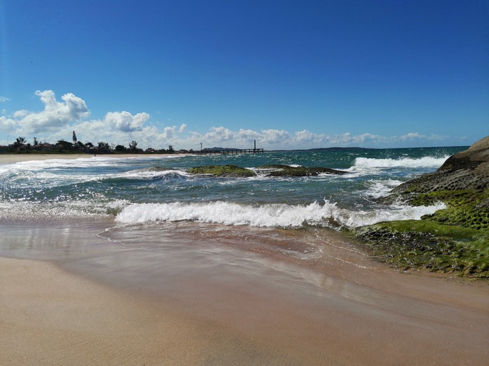 Beach with waves and algae-covered rocks