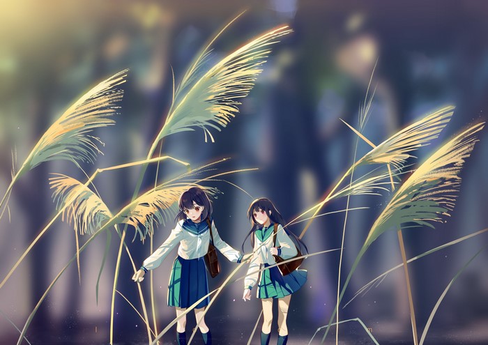 Two anime girls in school uniforms walking through plants