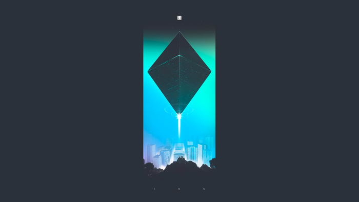 Geometric UFO hovering over futuristic city at night